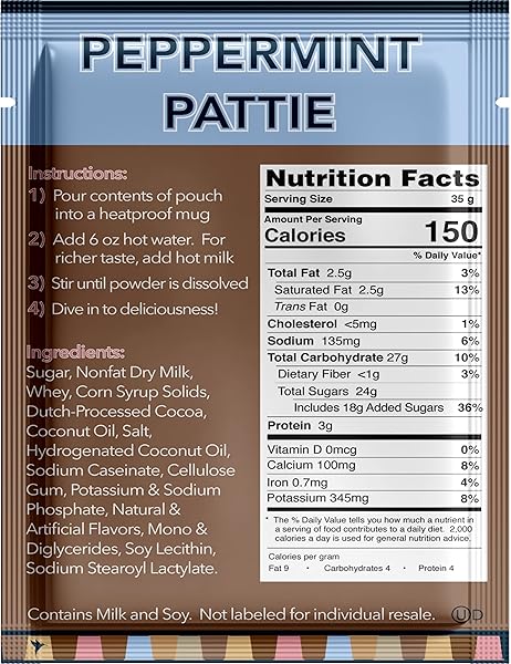 DOUBLE DONUT PEPPERMINT HOT CHOCOLATE, PEPPERMINT PATTIE FLAVORED HOT CHOCOLATE PACKETS, HOT PEPPERMINT COCOA MIX, 18 COUNT