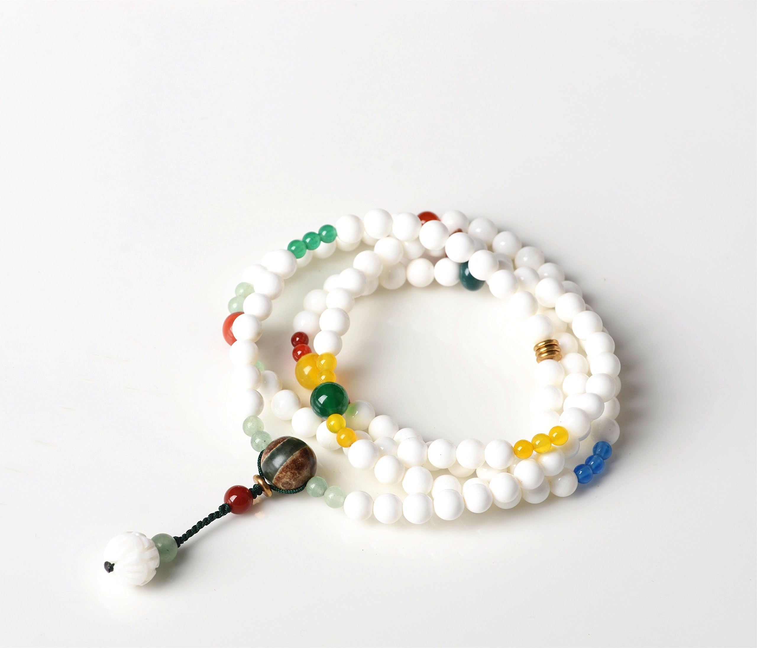 FYF Handmade Natural White Tridacna Shell Stone Beaded Bracelet for Men and Women Dzi Beads Pendant Charm Aventurine Long Chain Vintage Necklace (31 inches, White)