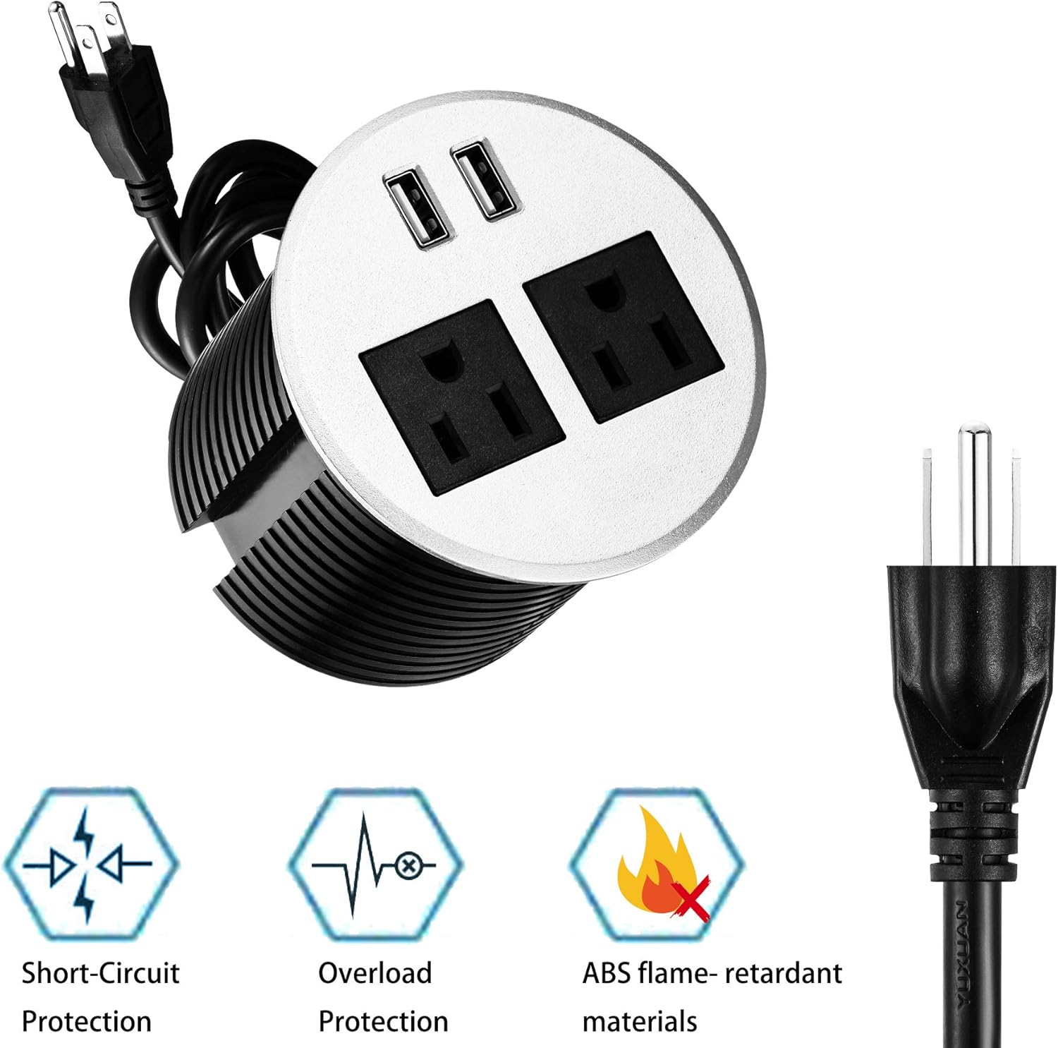 Desktop Power Grommet, PRUIZS 3.15inch Hole Table Power Grommet Outlet with 2 USB Charging Ports, 10ft Extension Cord Desk Power Strip with 2 Outlets for Computer, Table, Kitchen, Office, Home, Hotel - - 