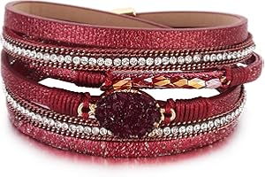 FANCY SHINY Boho Leather Bracelets Double Wrap Cuff Bracelets Crystal Bead Stackable Bracelet with Magnetic Clasp Jewelry Gifts for Women