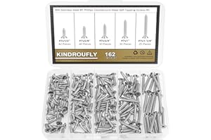 Kindroufly 162 Pieces #7 x 1/2" 5/8" 3/4" 1" 1-1/4" Phillips Countersunk Head Self-Tapping Screws, Wood Screws Assortment Kit, 304 Stainless Steel