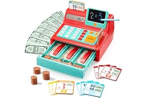Cash Register Toy for Kids – Detachable Write & Erase Pad, Calculator, Play Money, Credit Card, Grocery Store Playset, Presch