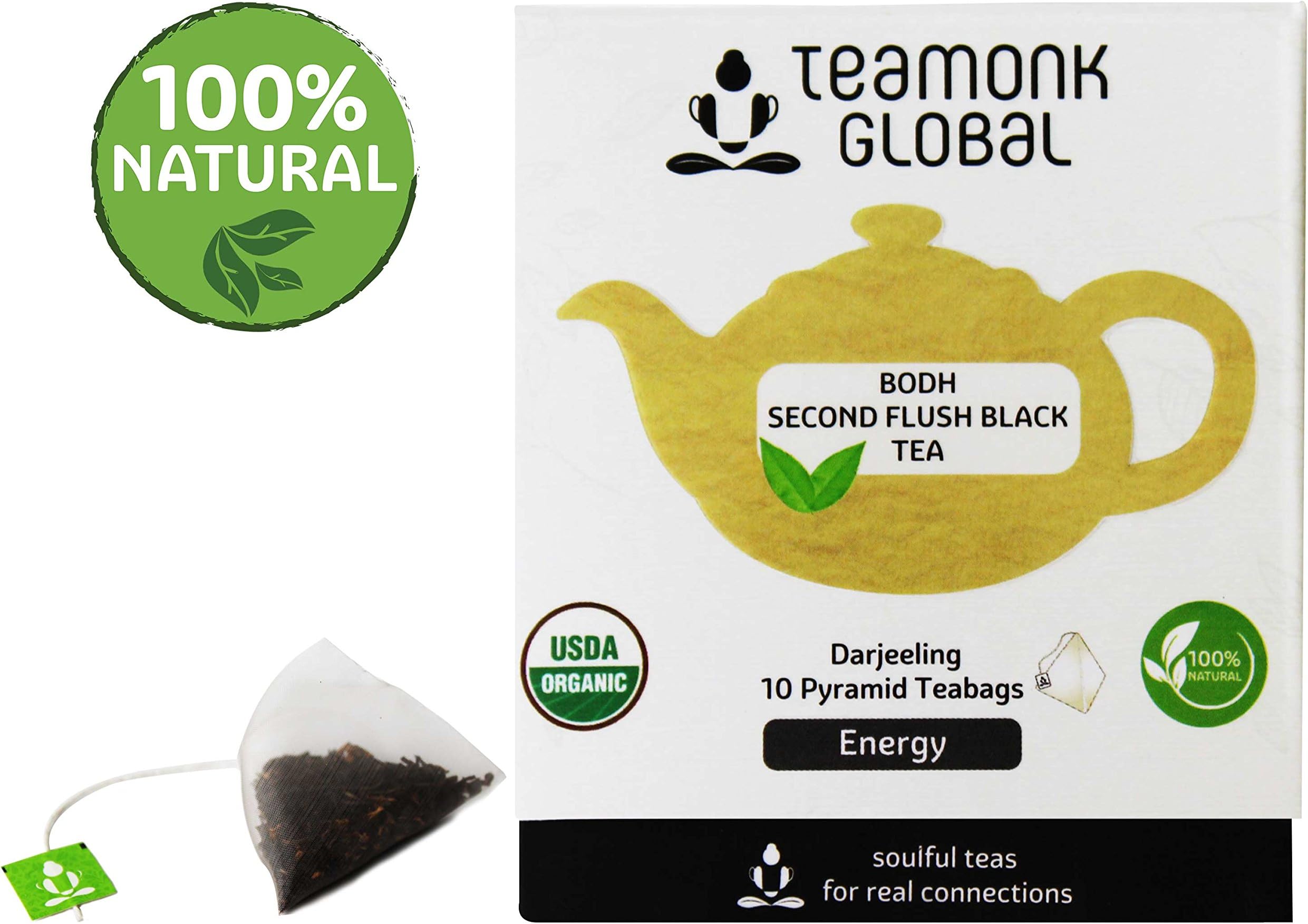 Teamonk Bodh USDA Certified Organic Darjeeling Second Flush Flush Black Tea - 10 Pyramid Black Tea Bags. Boosts Energy. Antioxidant Properties. Boosts Heart Health and Helps reduce Blood pressure