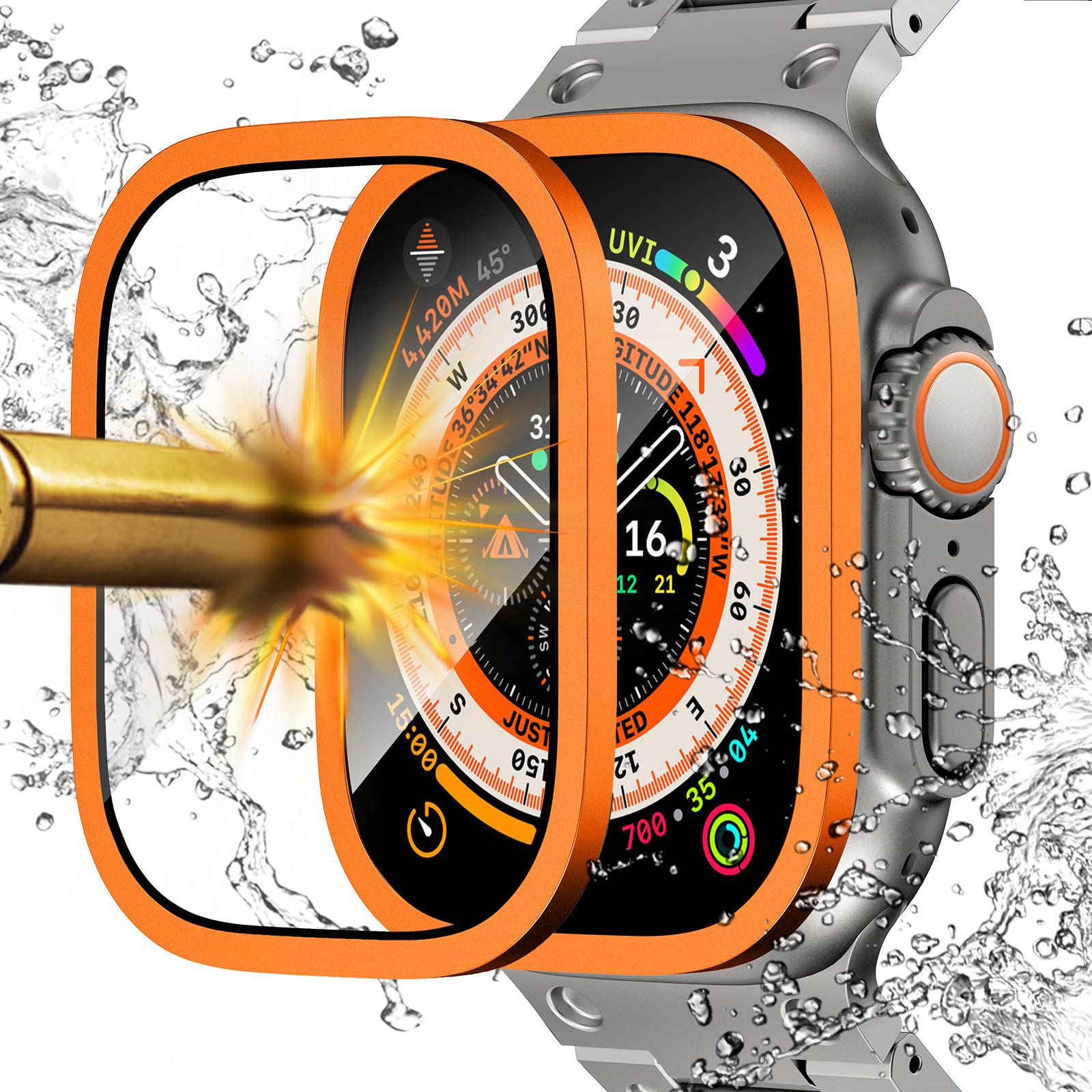 NewWays Compatible for Apple Watch Ultra 3 2 1 Screen Protector 49mm,Titanium Alloy Frame Built-in 9H Tempered Glass Film,Lightweight Waterproof Metal Case for iWatch 49mm,Orange