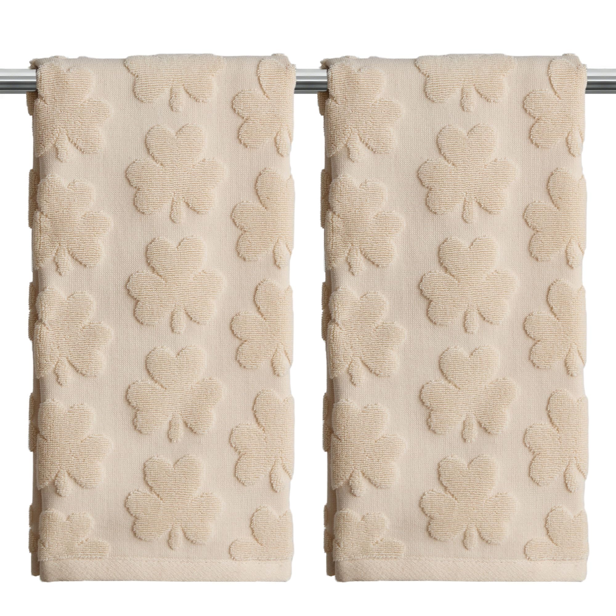 WKJZH 2Pcs St Patricks Day Hand Towels Beige Clover Cotton Bathroom Towel Decorative Absorbent Bath Towel for Drying Cleaning Cooking, 29.5 x 13.7 Inch MJ001B