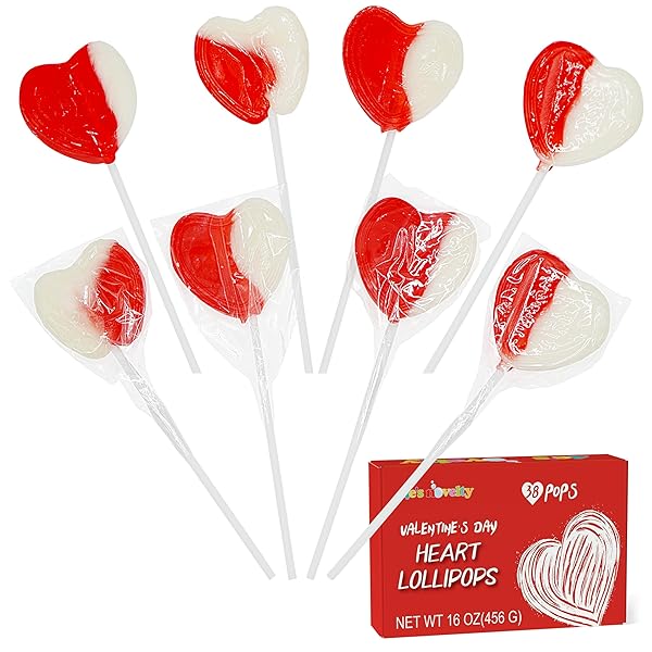 4E’S NOVELTY 38 PACK VALENTINES DAY HEART SHAPED LOLLIPOPS BULK INDIVIDUALLY WRAPPED, STRAWBERRY & CREAM FLAVORED, SUCKERS FOR SCHOOL VALENTINES PARTY FAVORS, VALENTINES CANDY FOR KIDS CLASSROOM EXCHANGE