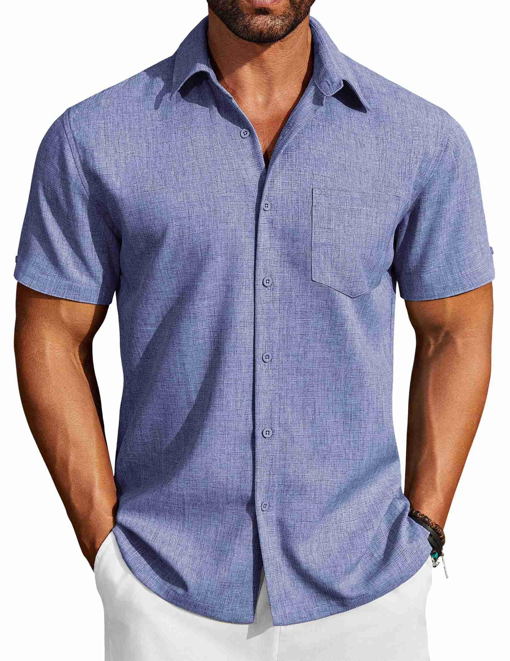 COOFANDY Mens Summer Shirts Short Sleeve Tropical Shirts for Men Linen Shirt Grey Blue Image