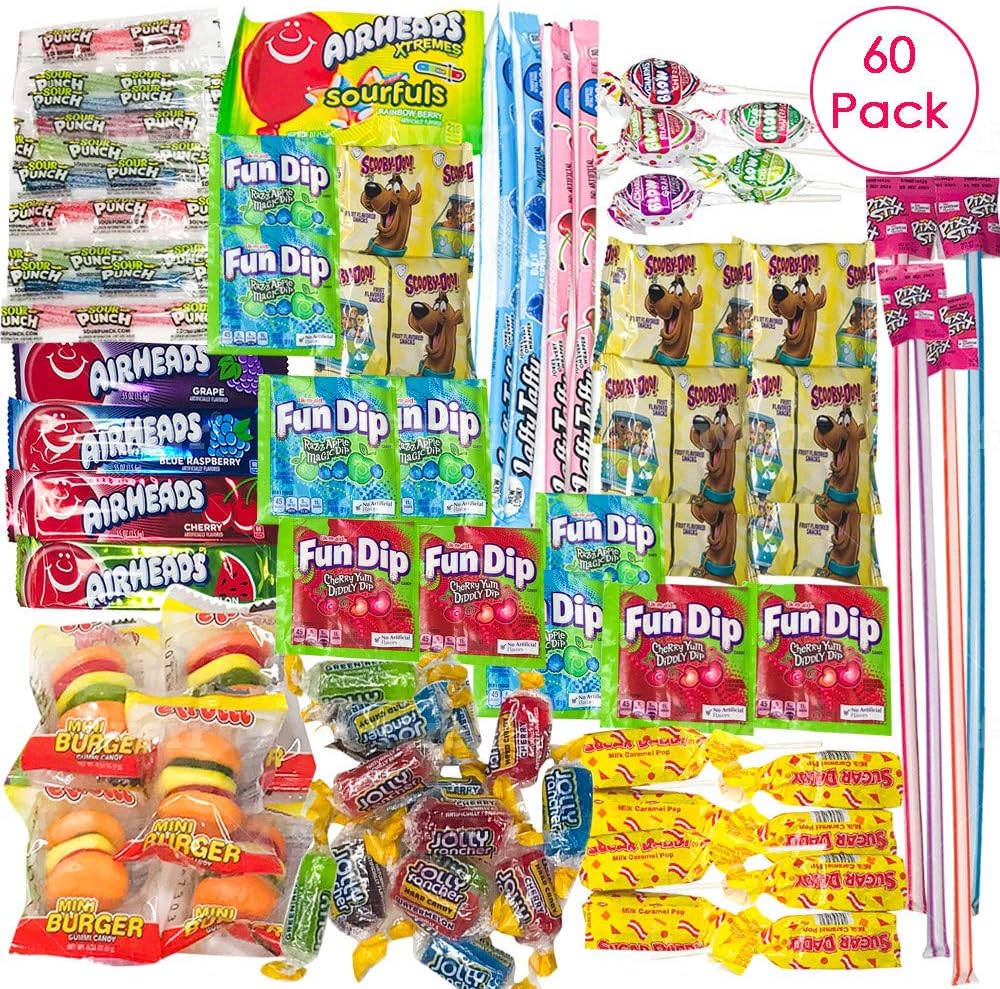 Ultimate Variety Candy Package -60 Count Assortment Sampler Bundle- Perfect Gift for College Dorm, Military Care Package or Office! (Including Laffy Taffy, Scooby Snacks, Mini Burger,Airheads & More)