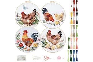 FREEBLOSS 4 Sets Embroidery Kit for Beginners Needlepoint Embroidery Starter Kit with Chicken Theme Stamped Patterns, Instruc