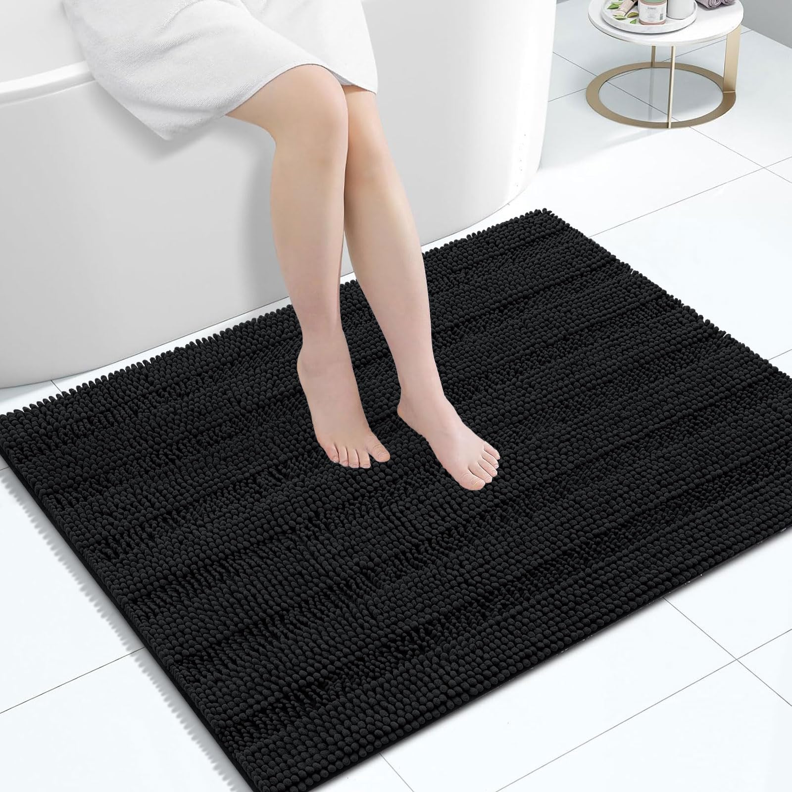 Grandaily Chenille Striped Bathroom Rugs 40x32, Extra Thick and Absorbent Bath Mats, Non-Slip Soft Plush Shaggy Shower Carpet, Machine Wash Dry, Bath Rug for Bathroom, Black Image
