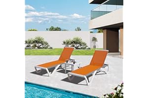 DOMI OUTDOOR LIVING Domi Outdoor Chaise Lounges, Adjustable Aluminum Patio Lounges, Plastic Pool Lounge Chairs and Side Table for Deck Lawn Backyard(2 Orange Chairs W/Table)
