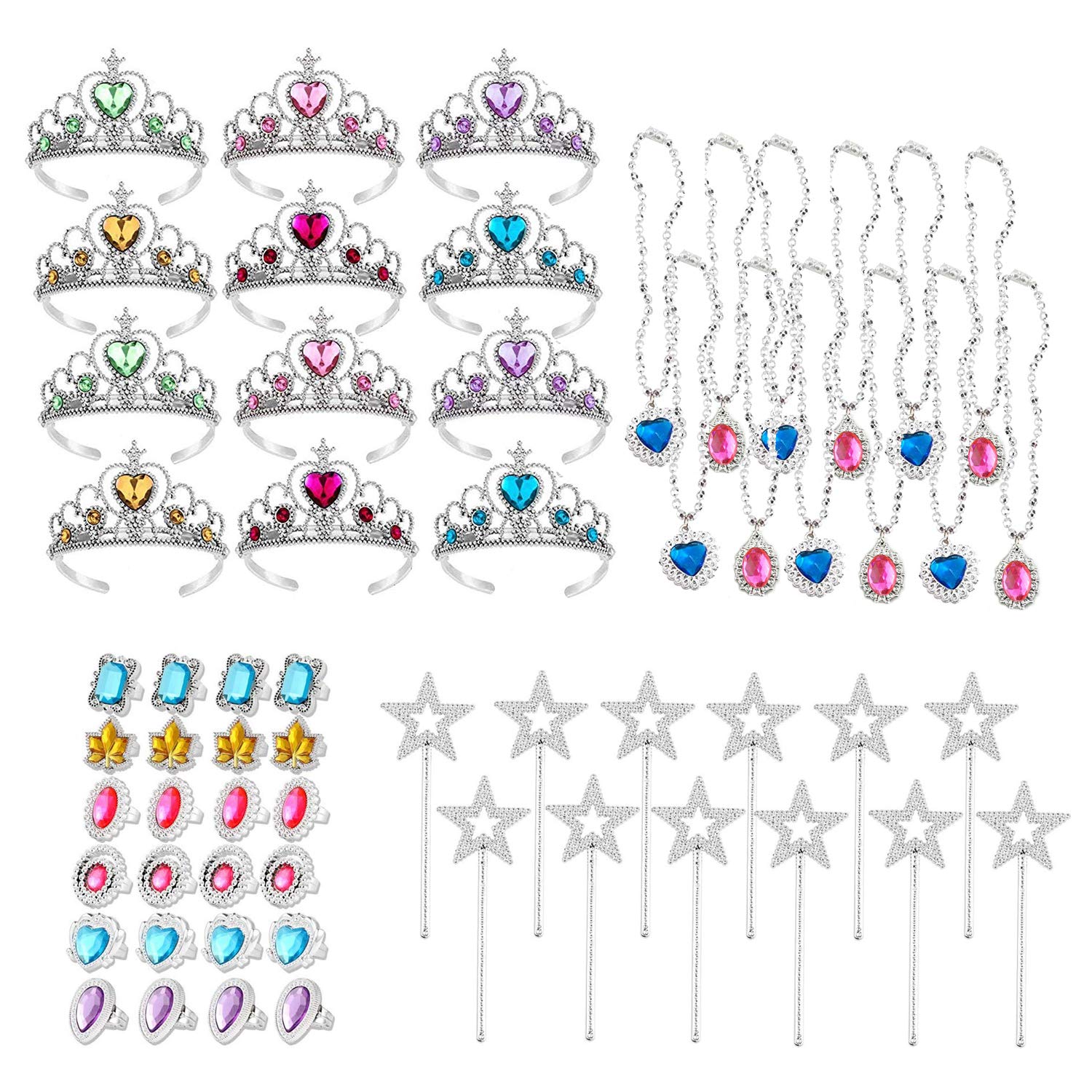 Photo 1 of S & E TEACHER'S EDITION 60 Pcs Princess Pretend Play Dress Up Set 12 Crowns 12 Wands 24 Rings 12 Nacklaces Princess Jewelry Toys for girls Costume Party Accessories