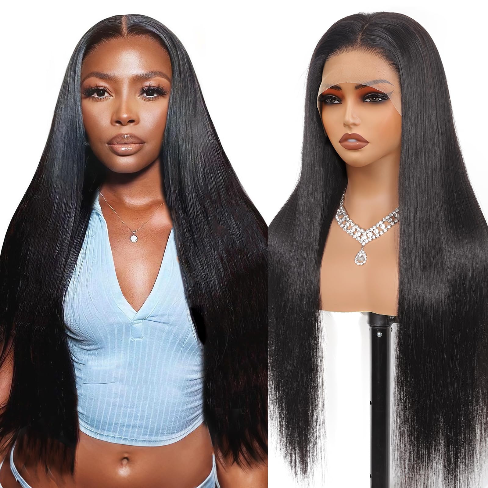 Tunfine Straight Human Hair Wig 250 Density for Black Women, 13x6 HD Lace Front Wigs Human Hair, Straight Lace Front Glueless Wig Brazilian Human Hair Pre Plucked Baby Hair Natural Color 24Inch