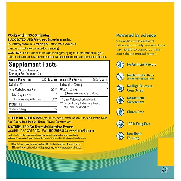 NATURE MADE WELLBLENDS STRESS RELIEF GUMMIES, L THEANINE 200MG TO HELP REDUCE STRESS, WITH GABA 100MG, SAME DAY STRESS SUPPORT, 40 STRAWBERRY FLAVOR GUMMIES