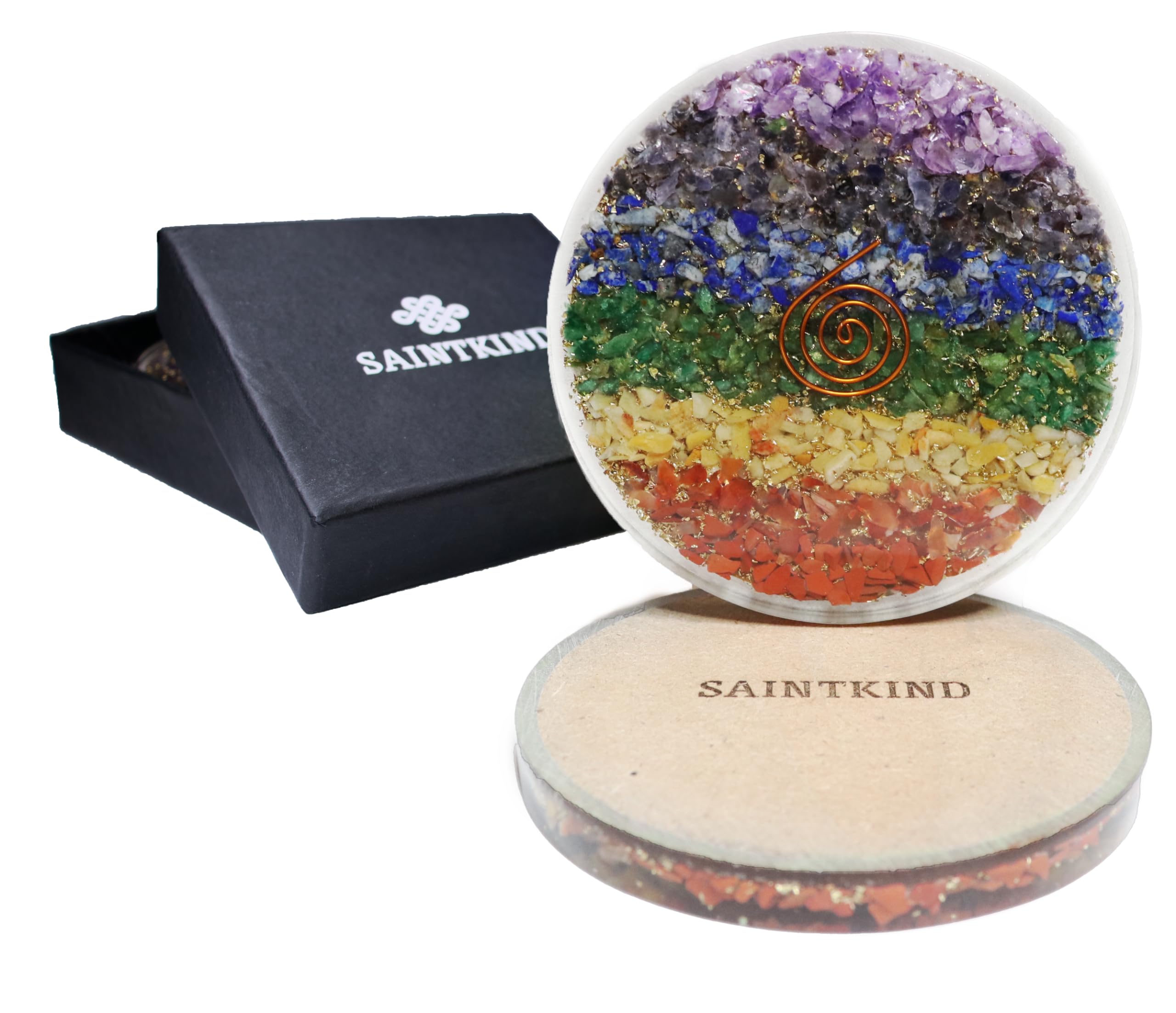 Chakra Orgonite Coaster - 9cm Wooden Base Non Slip with 7 Crystals