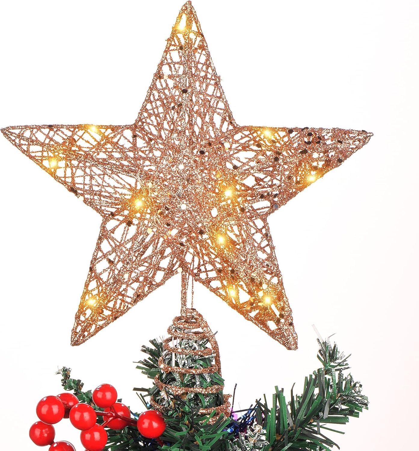 Tree Toppers - LED Rose Gold Christmas Tree Topper Star, Glitter XmasTree Decorations with 20 LED Lights, Home and Office Christmas Decorations