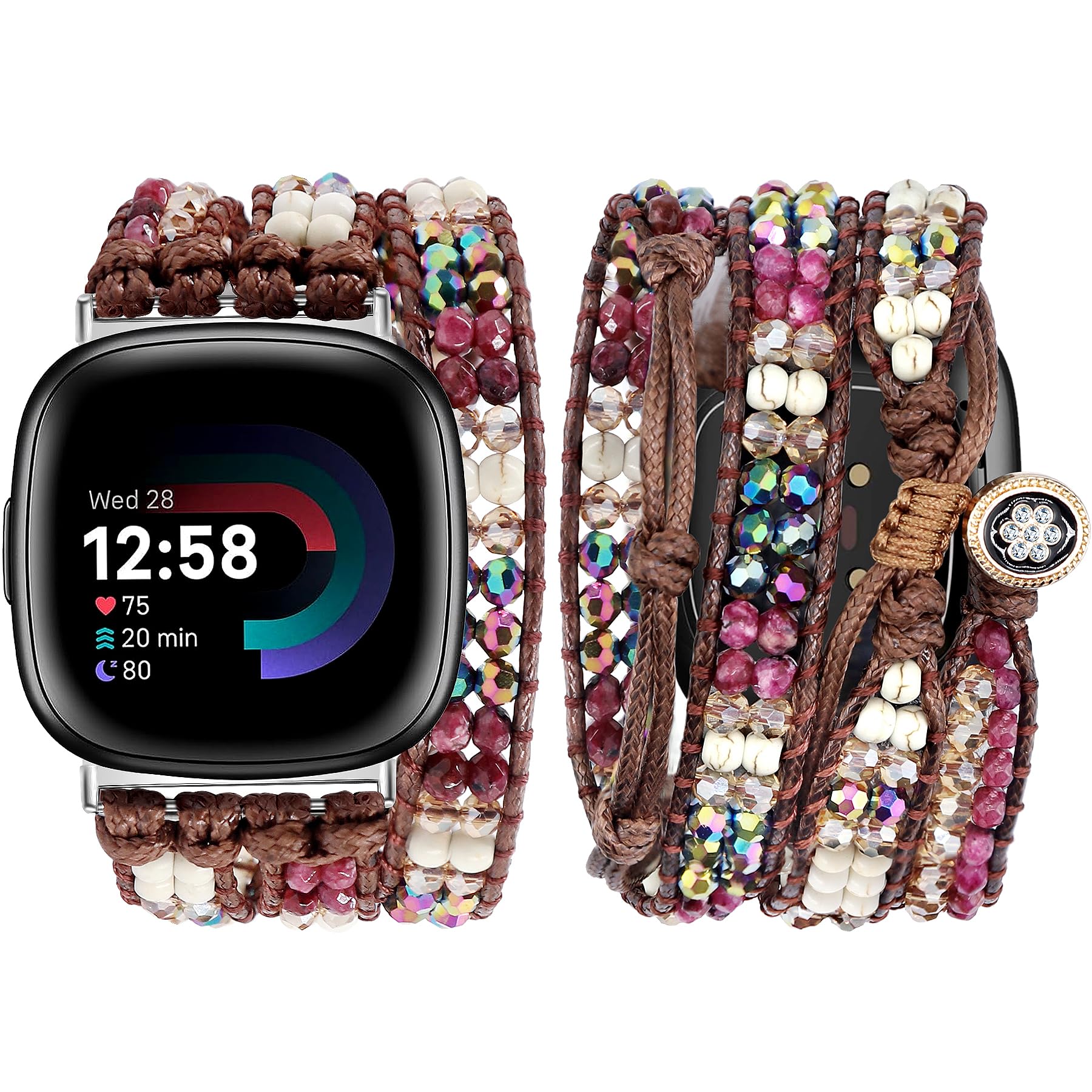 Photo 1 of JR.DM Boho Beaded Band Women for Fitbit Versa 4/Versa 3/Sense 2/Sense Amethyst Stone Bracelets Adjustable Handmade Braided Rope Strap Smartwatch Replacement Wristband