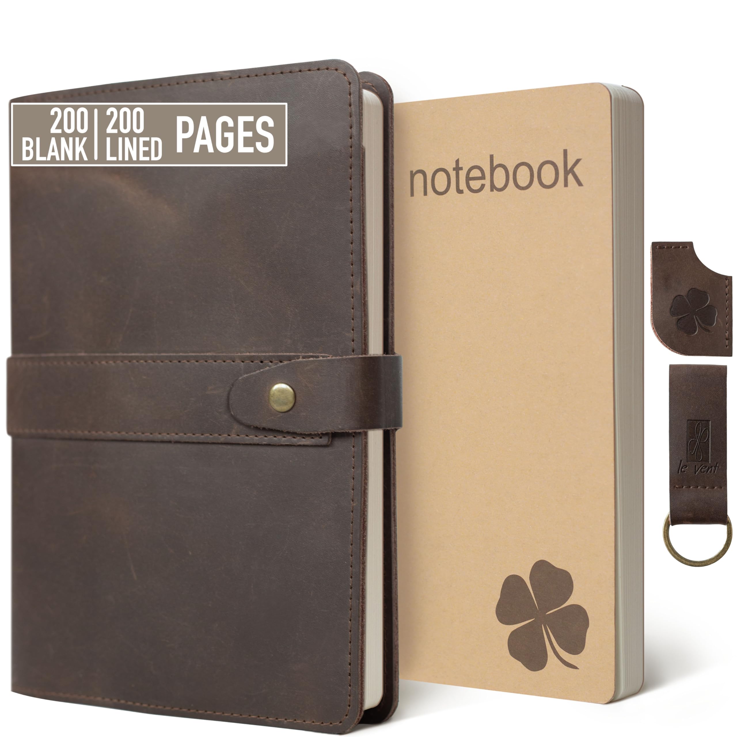 Photo 1 of le vent Refillable Genuine Leather Journal for Women & Men - 5x8 Notebook for Work, 200+200 Lay-Flat Pages (Lined & Blank) - A5 Brown Vintage Diary Cover - Handmade for Travel, Business and Gifts