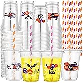 Sliner 100 Sets 12 oz Happy Halloween Cups Clear Plastic Disposable Cups with Lids and Paper Straws Halloween Party Supplies for Party Coffee Beer Beverage Ice Cream Snack Candy
