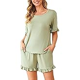 Womens Pajamas Set Short Sleeve Top and Ruffled Shorts Sleepwear with Pockets Two Piece Matching Outfits Set