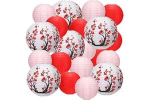 Mudder 20 Pieces Chinese Japanese Paper Lanterns Chinese New Year Decorations Includes Cherry Paper Lanterns for Hibachi Party Restaurant Wedding Decor(Red White and Pink,Modern Style)