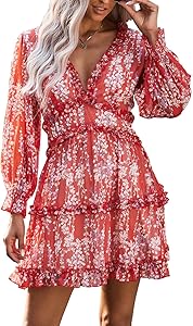 Dokotoo Womens Square Neckline Long Sleeve Floral Print Mini Dress