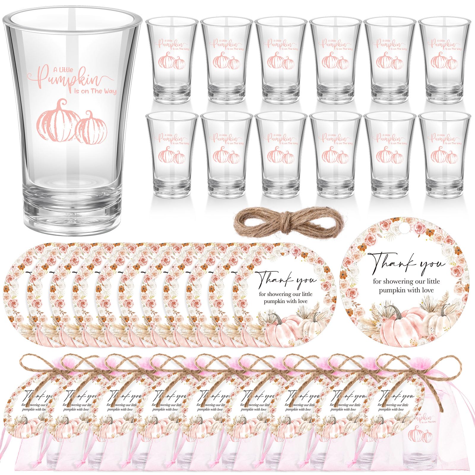 Photo 1 of Funnymoom 50 Sets a Little Pumpkin Is on the Way Acrylic Clear Shot Glasses Pink Pumpkin Baby Shower Favors for Guests Souvenir Thank You Tags with Organza Bags for Thanksgiving Party Decorations