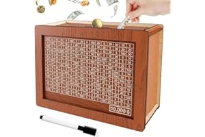 JXUEYCH Savings Challenge Box, 10k Wooden Piggy Bank with Counter, Money Saving Box for Kids and Adults, Savings Goal of $10000, Easy to Assemble Cash Vault, Ideal Gift (Brown)