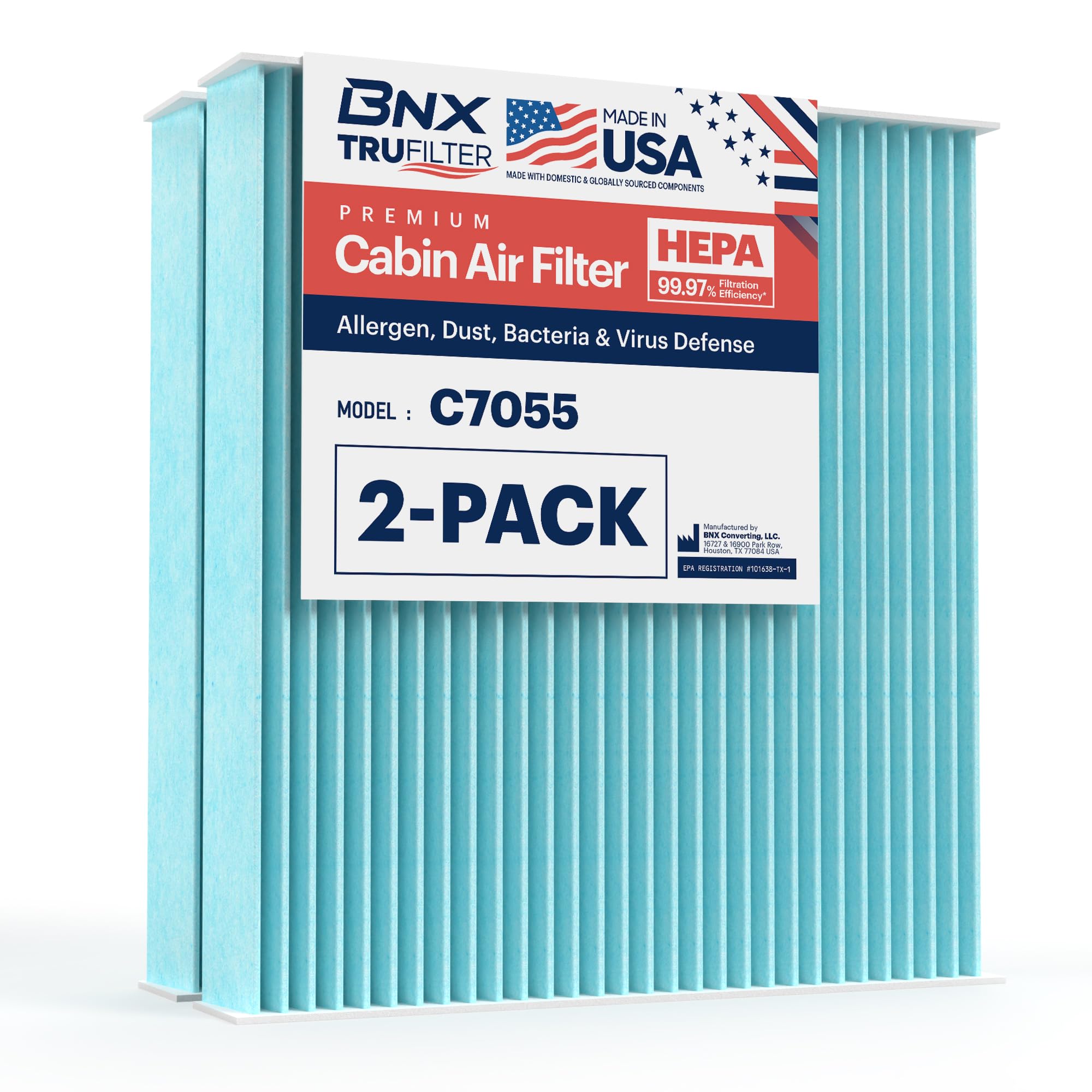 Photo 1 of BNX TruFilter Premium HEPA Cabin Air Filter (Model C7055) Compatible With Lexus: RX, GS, GX, IS, LS, ES, Toyota: Tundra, Prius, Camry, 4Runner, Sienna, Highlander,Sequoia,Subaru:Outback, Legacy 2-Pack