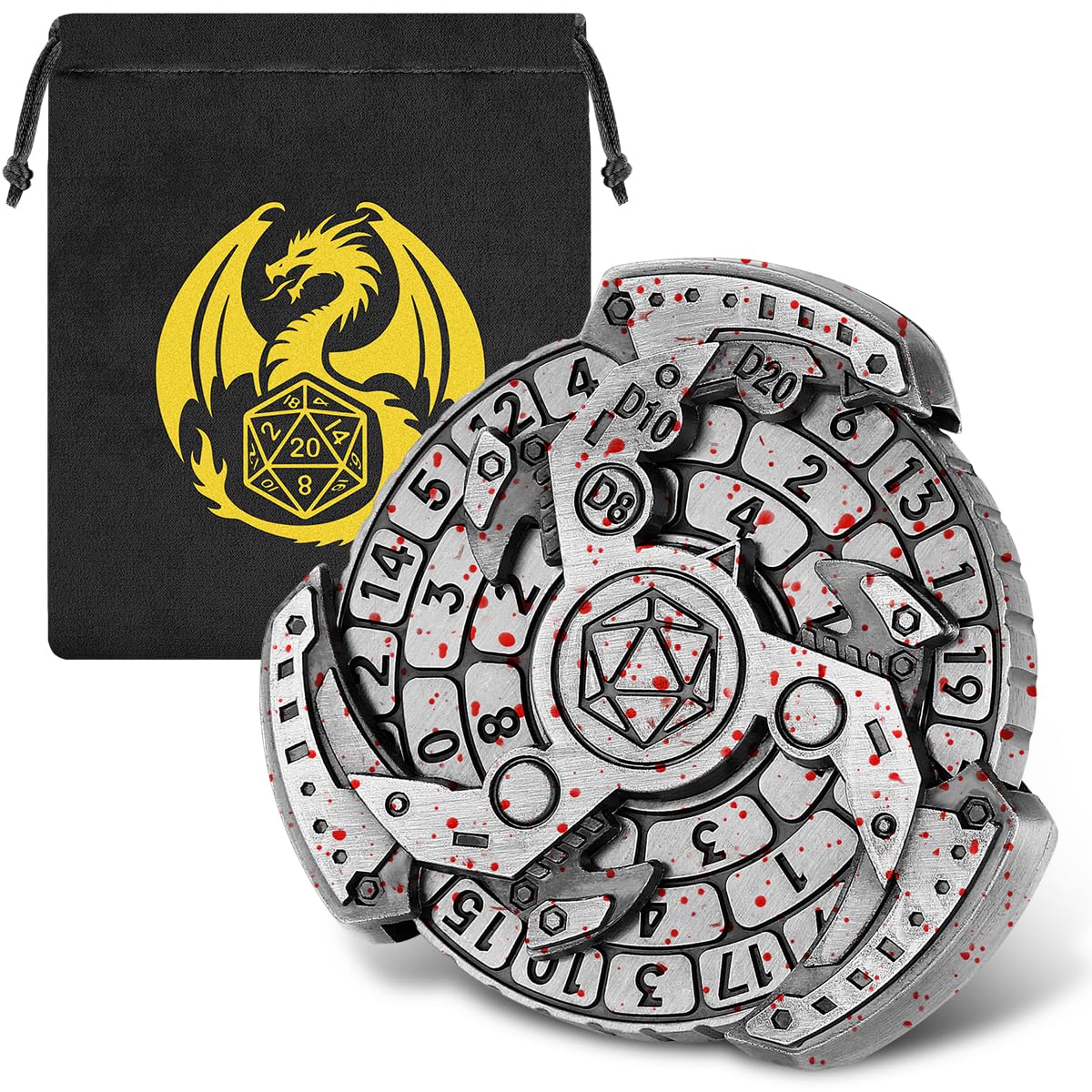 DND Wheel Cube Spinner, Fingertips Gyro, 7-in-1 Metal D&D Dice, Roulette Dice Spinner, D&D Gifts with Dragon Logo Gift Bag, Role Play Board Game Accessories, Silver with Red Dots