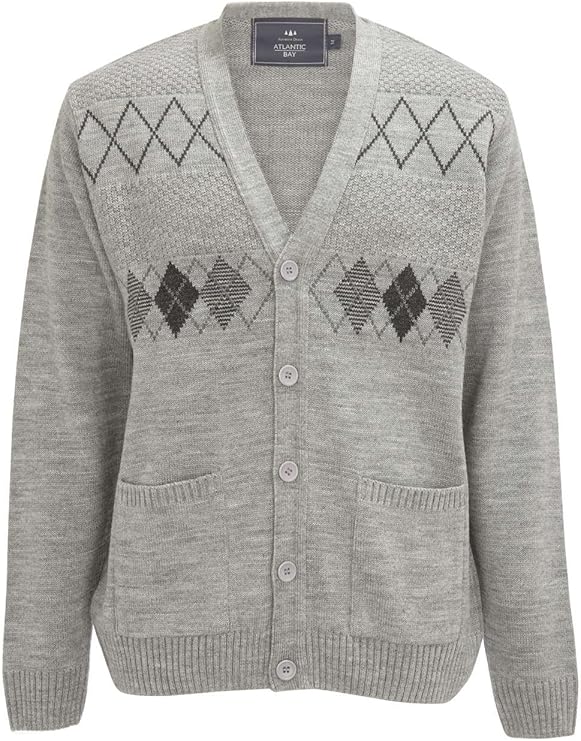 Atlantic Bay Mens Grey Argyle Cardigan [53L04HGRY] Size XXL Amazon