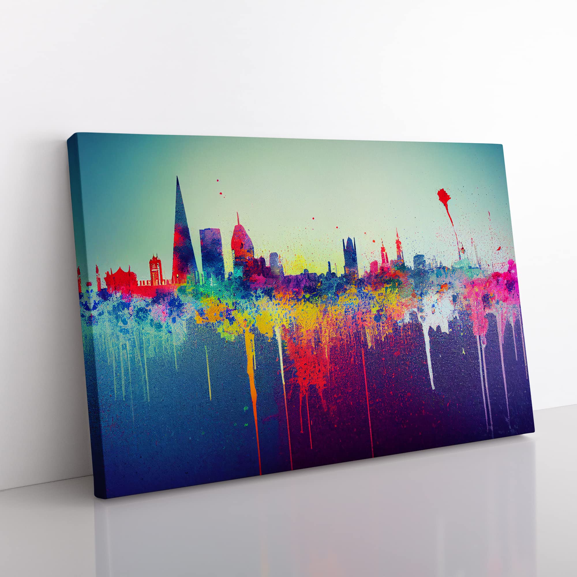 London Skyline Splatter Abstract Canvas Wall Art Print Ready to Hang, Framed Picture for Living Room Bedroom Home Office Décor, 50x35 cm (20x14 Inch)