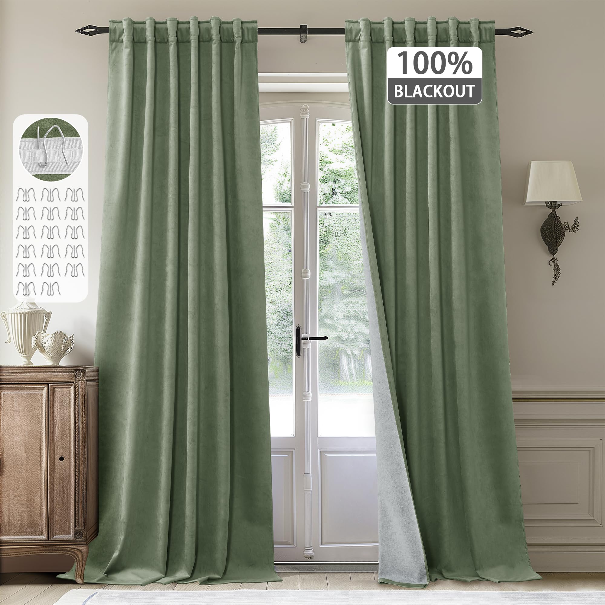 Photo 1 of StangH Blackout Green Curtains for Living Room Sage Green Super Soft Velvet Thermal Insulated Sliding Door Drapes Back Tab Hook Belt Thick Panels for Bedroom, W52 x L90, 2 Panels