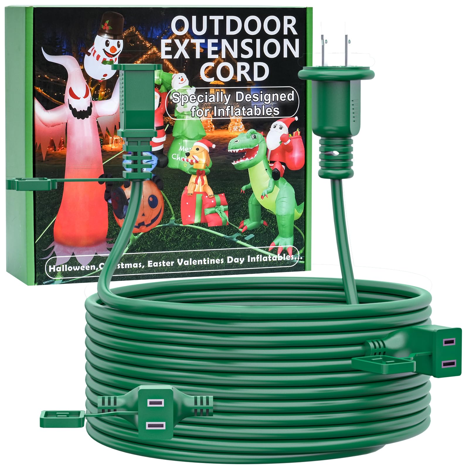 Photo 1 of 25FT Outdoor Extension Extension Cord for Halloween Christmas Inflatables with Multiple Outlets Green Electrical Cord with Multiple Plugs Outdoor Christmas Blow Up Decorations Light Extension Cords