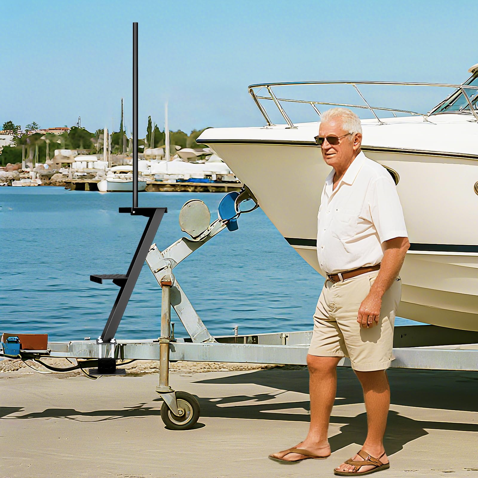 Sliandtelly Boat Trailer Step with Handle - Heavy Duty Anti-Slip, Rust-Proof Boarding Steps for Front Tongue Frame, Easy Install with Mounting Hardware Fits Bass & Pontoon Boats