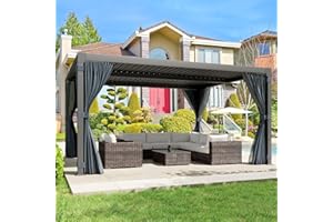 UPHYB Louvered Pergola 10x12ft, Adjustable Aluminum Pergola with Waterproof Curtains and Nets, Integrated Drainage System, Modern DIY Outdoor Living Upgrade, Dark Grey