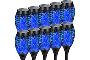 AOUNQ Solar Lights Outdoor, Upgraded 10 Pack Blue Solar Torch Light with Flickering Flame for Garden Decor, Waterproof Outdoor Lights Solar Powered, Tiki Torches for Outside Yard Patio Pathway Decor