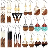 Henoyso 12 Pairs Wooden Earrings for Women Boho Dangle Geometric Lightweight Studs Resin Statement Earring