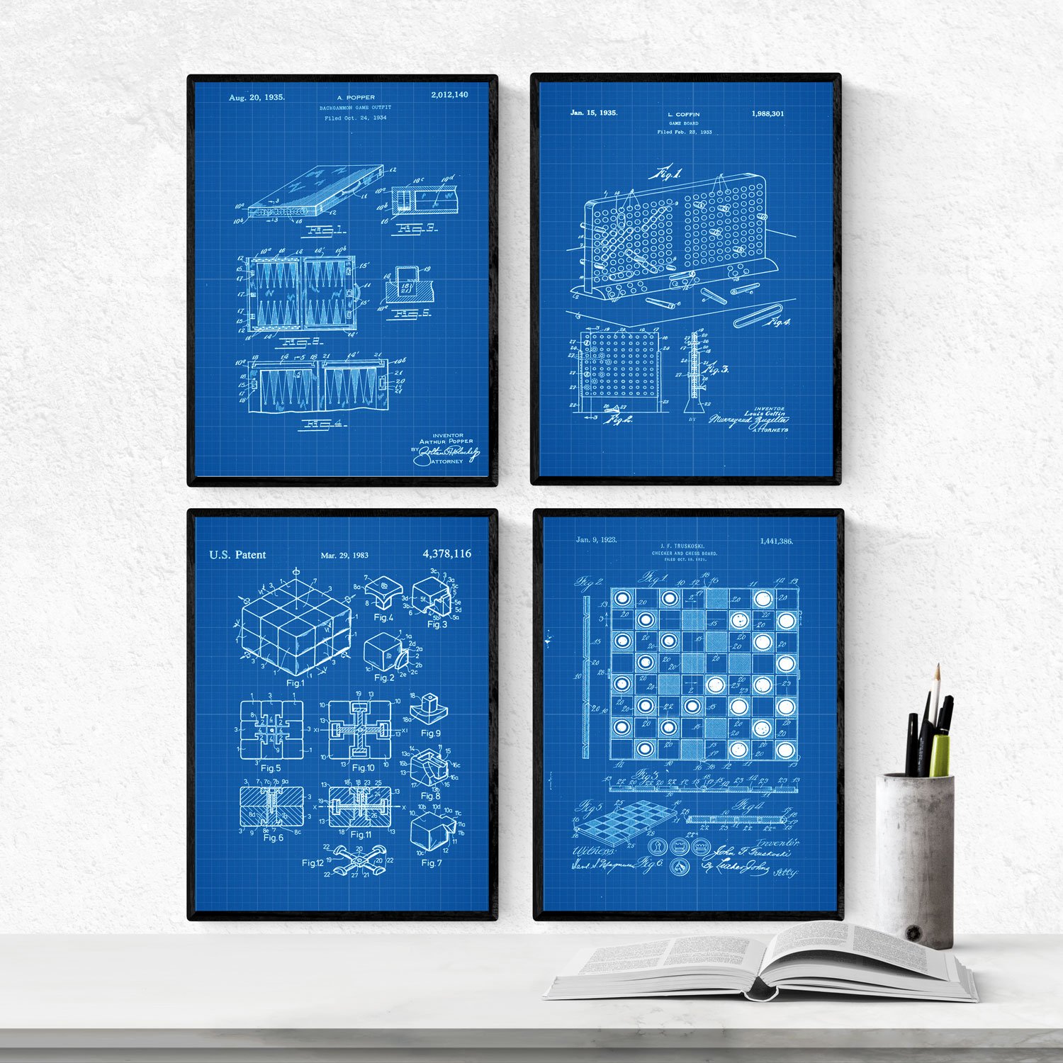Nacnic BLUE - Pack of 4 sheets with patents games. Set posters with inventions and old patents. Choose the color you like. Printed on 250 grams
