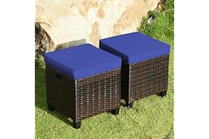 HAPPYGRILL 2pcs Patio Ottoman Set Outdoor Rattan Wicker Ottoman Seat with Removable Cushions Patio Furniture Footstool Footrest Seat