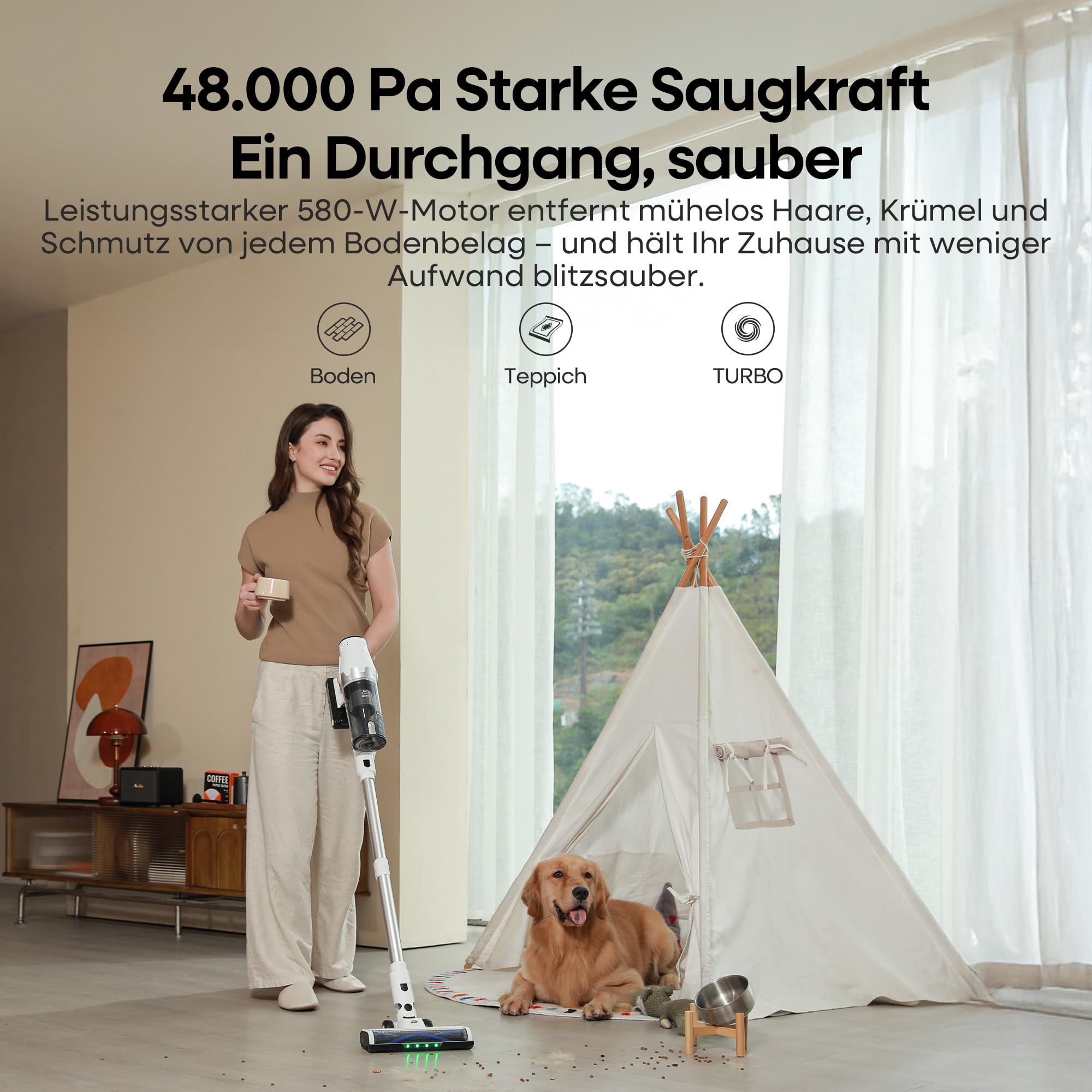 ElecKeys Akku Staubsauger 48000Pa/580W/65Min, Staubsauger Kabellos mit LED Display, Anti-Tangle-Bürste, Selbststehend, 7-Schicht-Filtration, Akkustaubsauger für Hartböden Teppiche Tierhaare, Weiß