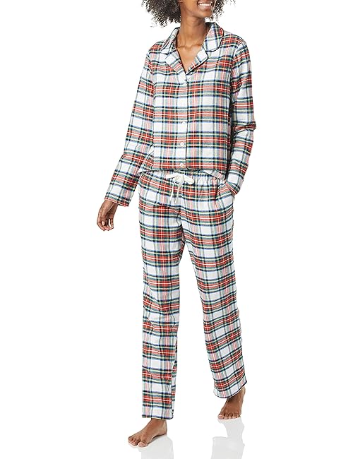 Amazon Essentials Women's Flannel Long-Sleeve Button Front Shirt and Pant Pajama Set, Red Tartan, Small