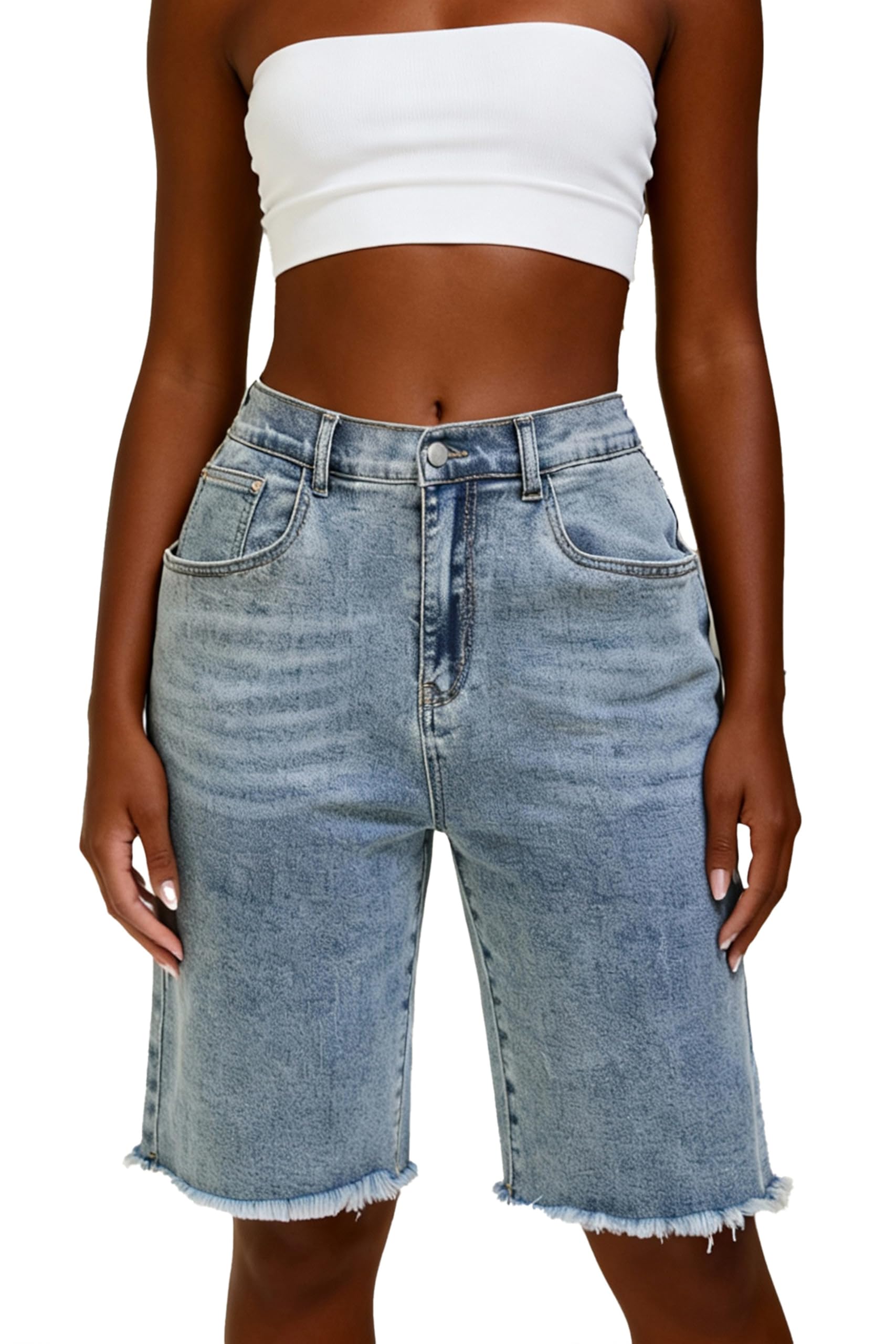 Photo 1 of JsGilsMsin Women's Jean Shorts Bermuda Summer Demin Trendy Stretchy Ripped Raw Hem Cut Off Casual Distressed with Pockets Large Js01 Blue L