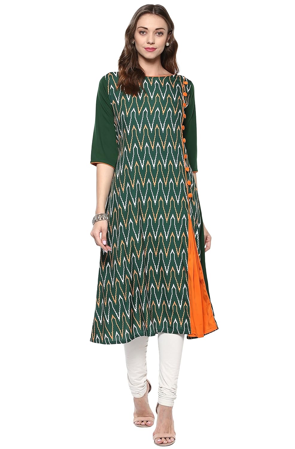 janasya women's green embellished crepe a-line kurti