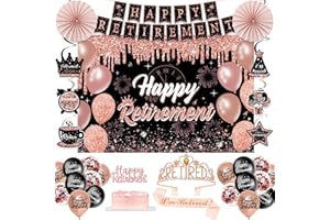 PLOZZY Retirement Party Decorations for Women,52Pcs PRE-STRUNG Rose Gold Black Party Set-Retired Crown and Sash,Happy Retirement Backdrop,Banner,Hanging Swirls,Cake Topper,Balloons,Paper Fans,PRE-ASSEMBLED