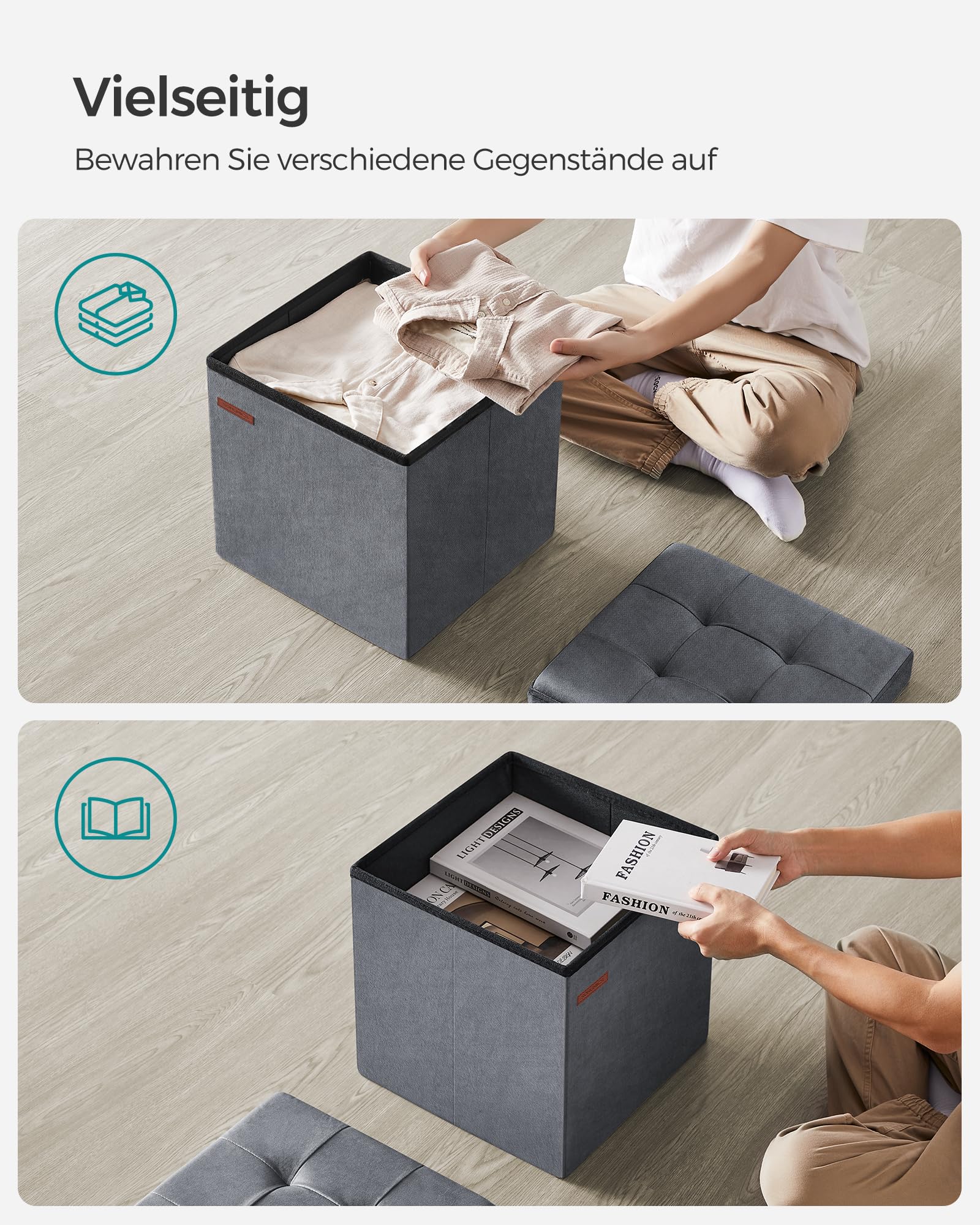 SONGMICS Sitzhocker mit Stauraum, klappbare Sitzbank, 38 x 38 x 38 cm Fußbank, Aufbewahrungsbox, bis 300 kg belastbar, für Wohnzimmer Schlafzimmer Flur, schiefergrau LSF227G01 4