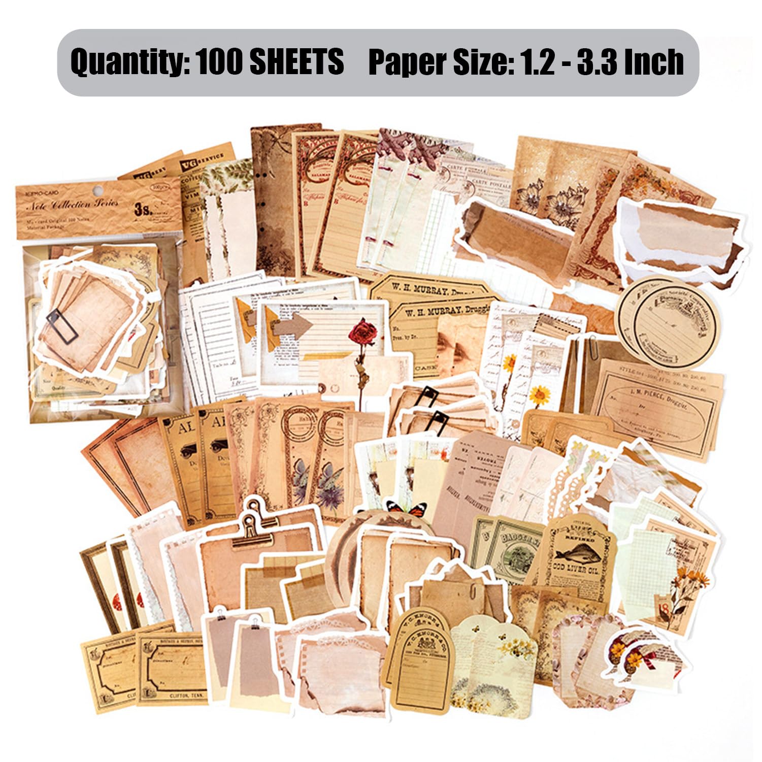 501PCS Vintage Scrapbook Paper, Scrapbooking Supplies Set Journaling Kit Include 460pcs Thin Decorative Paper, 40pcs Flower Stickers, and 1 Double-Side Adhesive Tape for Junk Journal Ephemera Planner