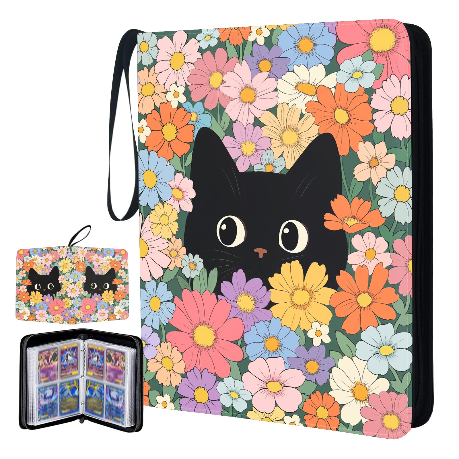 400 Pocket Cat and Flower Trading Card Storage Album, Collectible Trading Card Binder with 50 Durable 4-Pocket Pages and Zipper for Game Cards, Birthday Gift for Card Collector β image 1