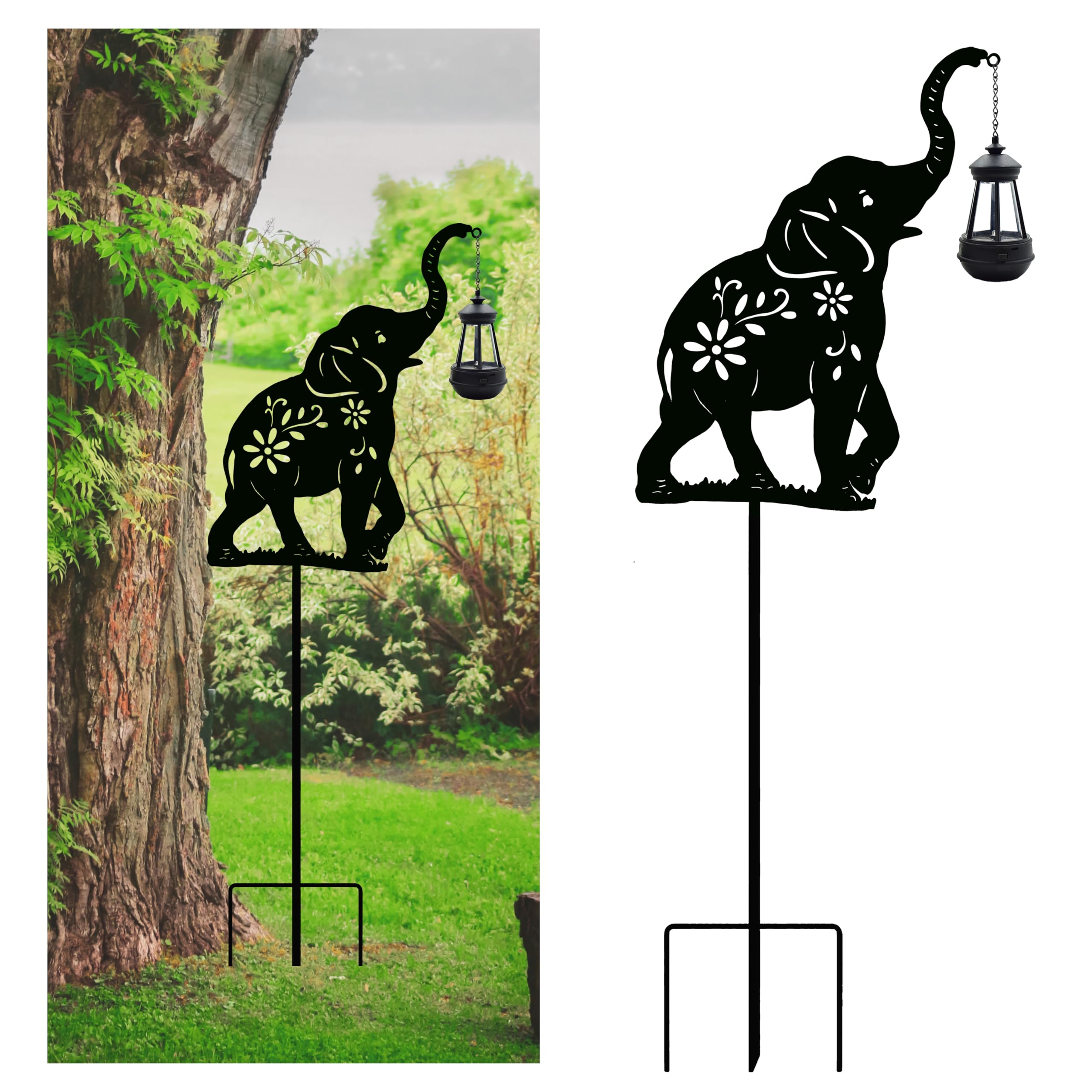 Photo 1 of Solar Elephant Garden Stakes Outdoor Solar Decor Metal Elephant Holding Solar Animal Lantern Decorative Garden Metal Animal Stakes Outdoor Elephant Silhouette Stakes