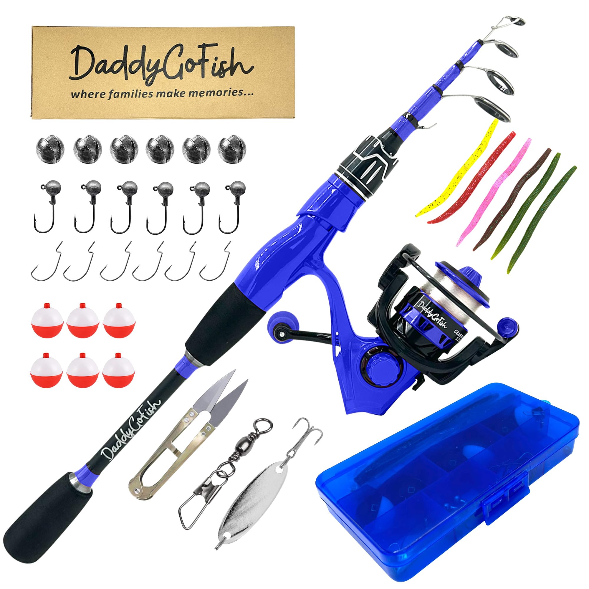 DaddyGoFish Spinning Fishing Rod and Reel Combo Set with Tackle Box | Fishing Pole | Carbon Fiber Telescopic Fishing Rod Kit | Spinning Reel for Travel Saltwater Freshwater Fishing Gear Kit